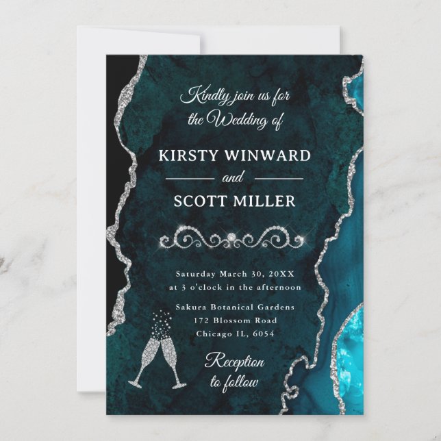 Invitation Mariage Agate et Marbre Paillettes Sarcelle et Arg (Devant)