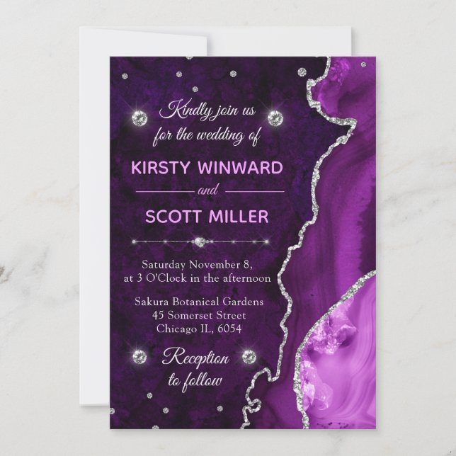 Invitation Mariage agate et marbre Paillettes Violet et Argen (Devant)