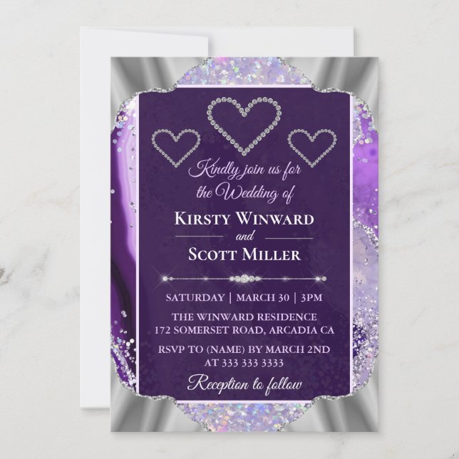 Invitation Mariage Agate Faux Holo Pailleté Violet Élégant (Devant)