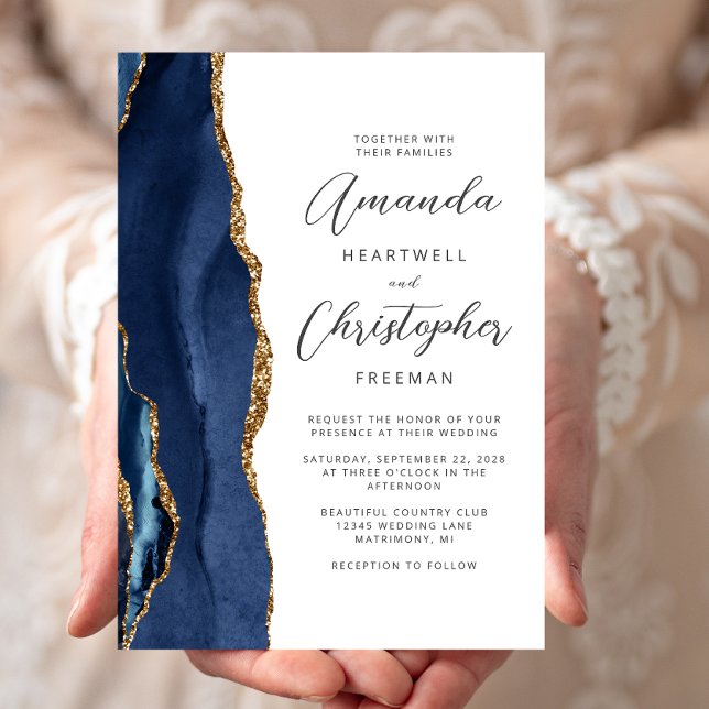 Invitation Mariage Agate Navy Blue Gold Script (Créateur téléchargé)