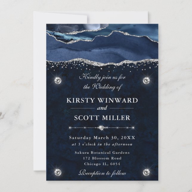 Invitation Mariage Agate Pailleté Bleu et Argent (Devant)
