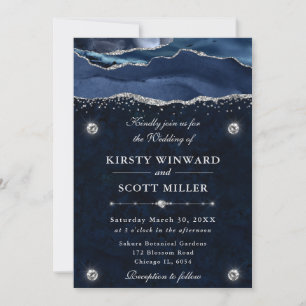 Invitation Mariage Agate Pailleté Bleu et Argent