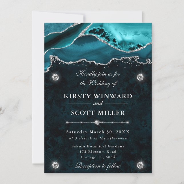 Invitation Mariage Agate Pailleté Sarcelle et Argent (Devant)