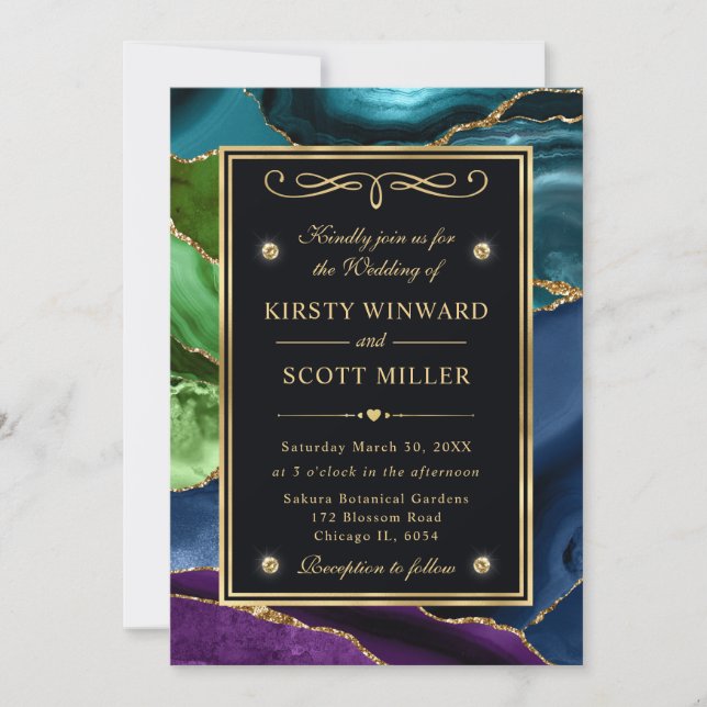 Invitation Mariage Agate Pailleté Violet, Bleu et Vert (Devant)