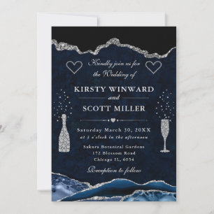 Invitation Mariage Agate Pailletée Bleue et Argentée
