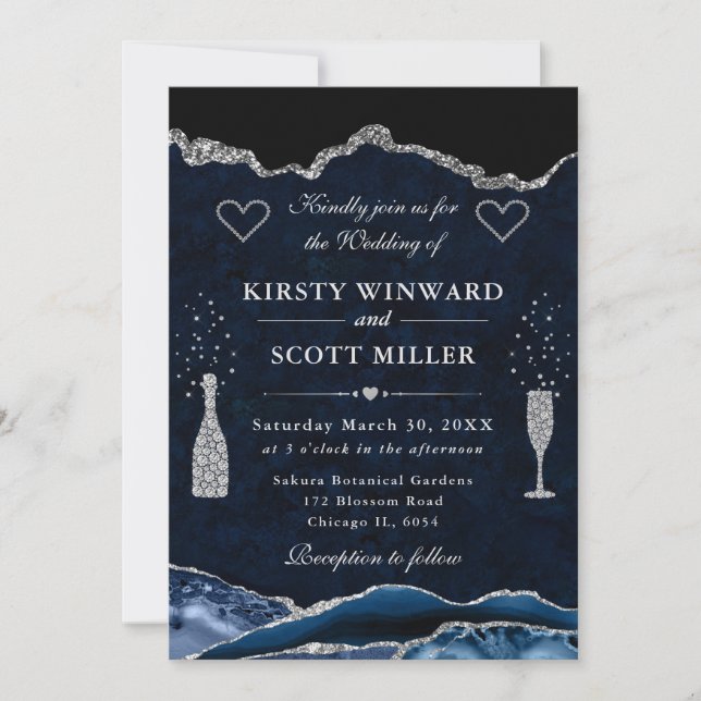 Invitation Mariage Agate Pailletée Bleue et Argentée (Devant)