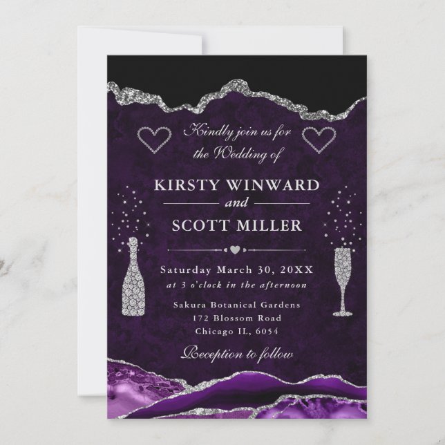 Invitation Mariage Agate Pailletée Violet et Argent (Devant)