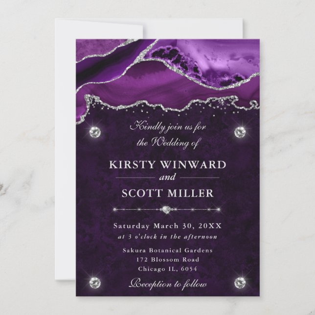 Invitation Mariage Agate Pailletée Violet et Argent (Devant)