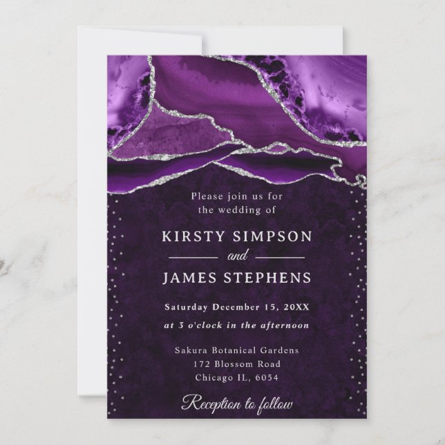 Invitation Mariage agate pailletée violet et argent (Devant)