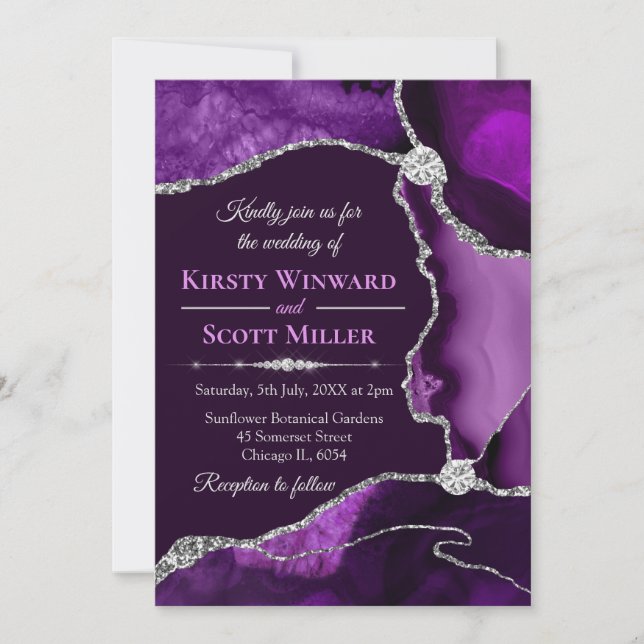 Invitation Mariage Agate Parties scintillant violet et argent (Devant)