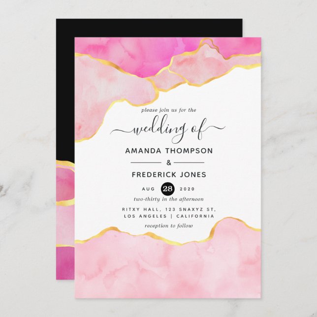 Invitation Mariage Agate Rose, Noir et Or (Devant / Derrière)