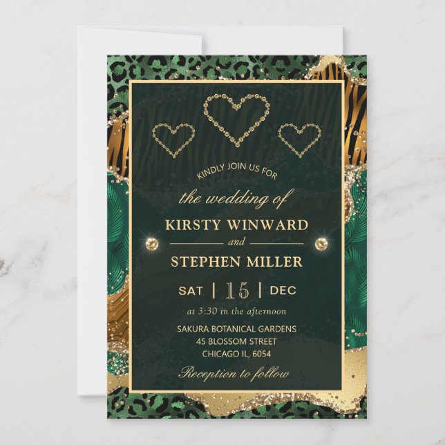Invitation Mariage Agate Safari Jungle Vert et Or (Devant)