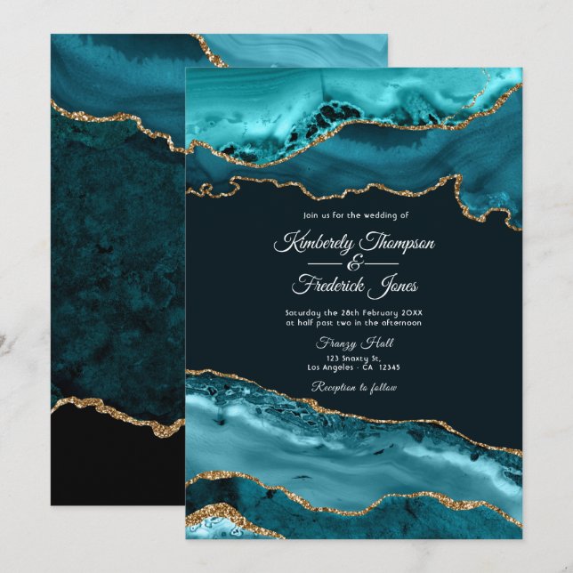 Invitation Mariage Agate Sarcelle et Or (Devant / Derrière)