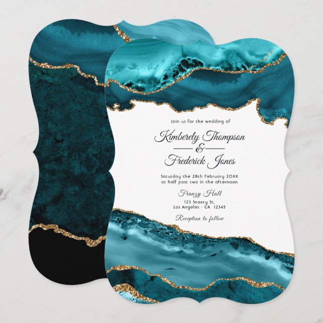 Invitation Mariage Agate Sarcelle et Or (Devant / Derrière)