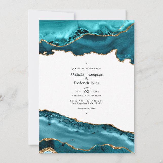 Invitation Mariage Agate Sarcelle et Or (Devant)