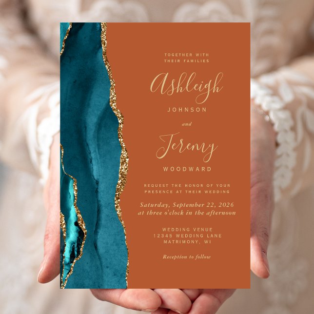 Invitation Mariage Agate Sarcelle Or Cuivré Orange Brûlé (Créateur téléchargé)