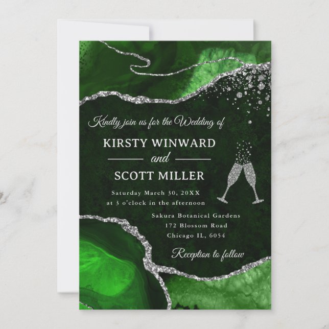 Invitation Mariage Agate Vert et Paillettes d'Argent (Devant)