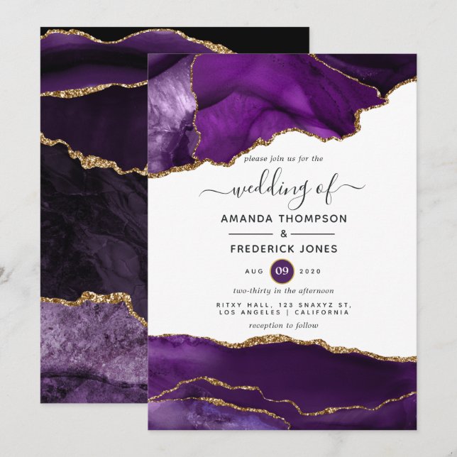 Invitation Mariage Agate Violet et Or (Devant / Derrière)