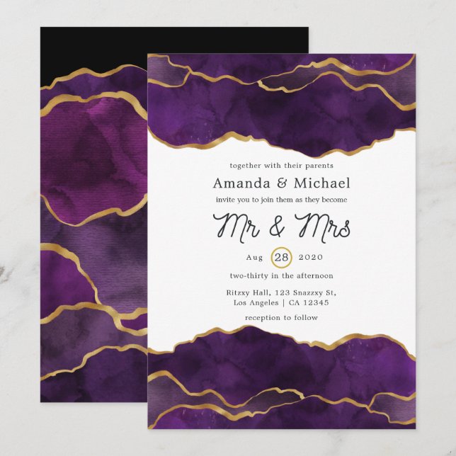 Invitation Mariage Agate Violet et Or (Devant / Derrière)