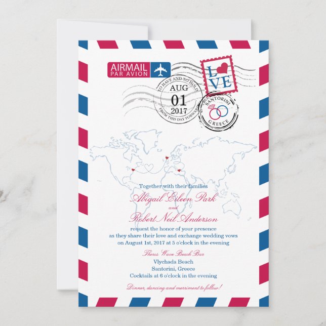 Invitation Mariage Airmail New York, Ecosse et Grèce (Devant)