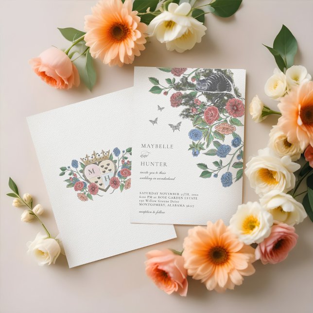 Invitation Mariage Alice Au Pays Des Merveilles Cheshire Chat (Wedding Alice In Wonderland Cheshire Cat & Florals Invitation)