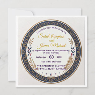 Invitation Mariage américain vintage marine et filigrane doré