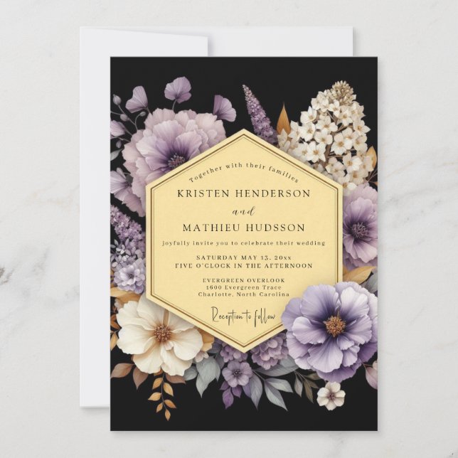 Invitation Mariage Améthyste à Flore Dorée (Devant)