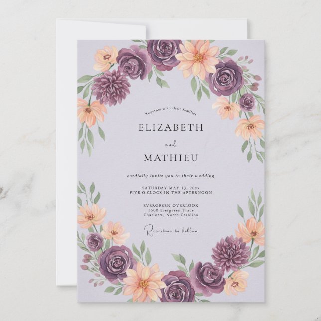 Invitation Mariage Améthyste Abricot Ranunculus Eucalyptus (Devant)