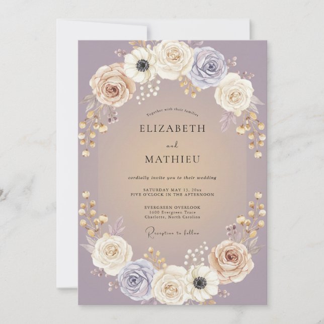 Invitation Mariage Améthyste Anémone Champagne (Devant)