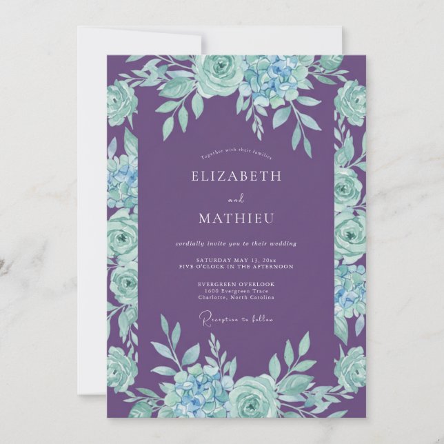 Invitation Mariage Améthyste Aqua Feuillage Eucalyptus (Devant)