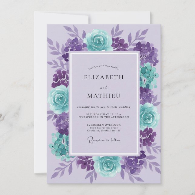Invitation Mariage Améthyste Aqua Ranunculus Eucalyptus (Devant)