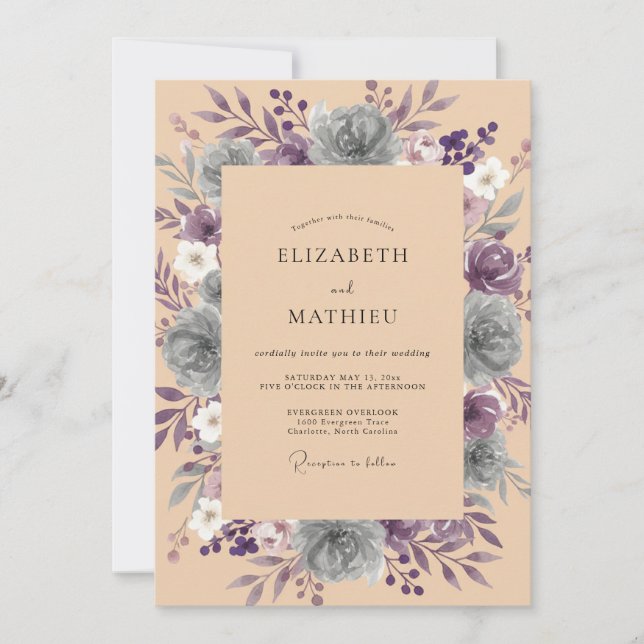 Invitation Mariage Améthyste Ardoise Pétales (Devant)