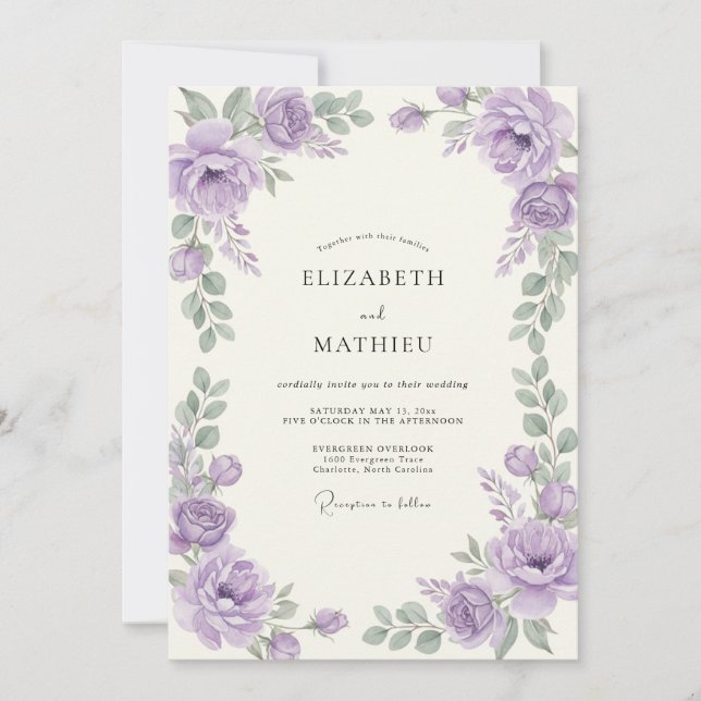 Invitation Mariage Améthyste Argent Ranunculus Eucalyptus (Devant)