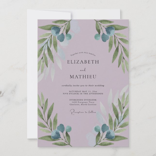 Invitation Mariage Améthyste Branche d'Olivier Eucalyptus Pou (Devant)