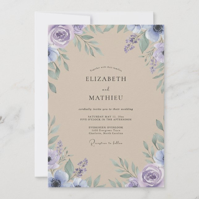Invitation Mariage Améthyste Champagne Feuillage Gris Eucalyp (Devant)