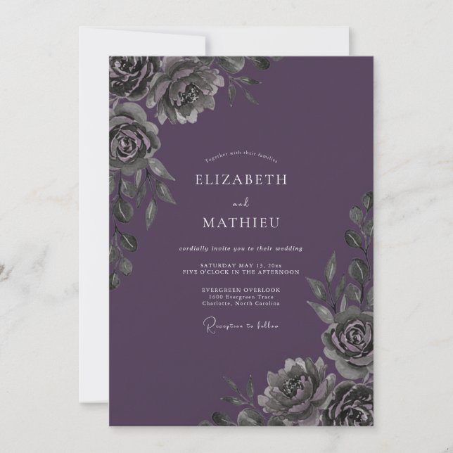 Invitation Mariage Améthyste Charbon Feuillage Eucalyptus (Devant)