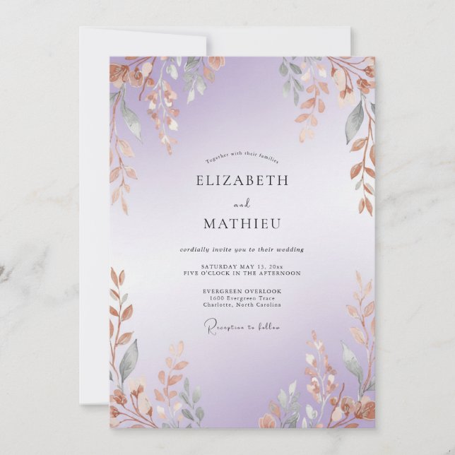 Invitation Mariage Améthyste Cuivre Branche Eucalyptus (Devant)