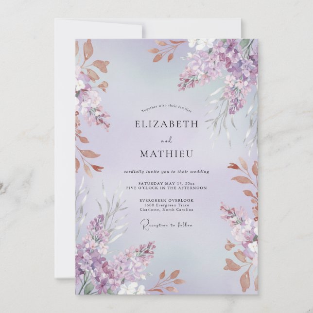 Invitation Mariage Améthyste Cuivre Feuillage Sage (Devant)