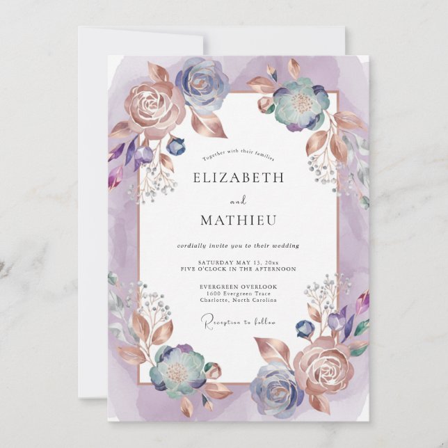 Invitation Mariage Améthyste Cuivre Ranunculus Eucalyptus (Devant)