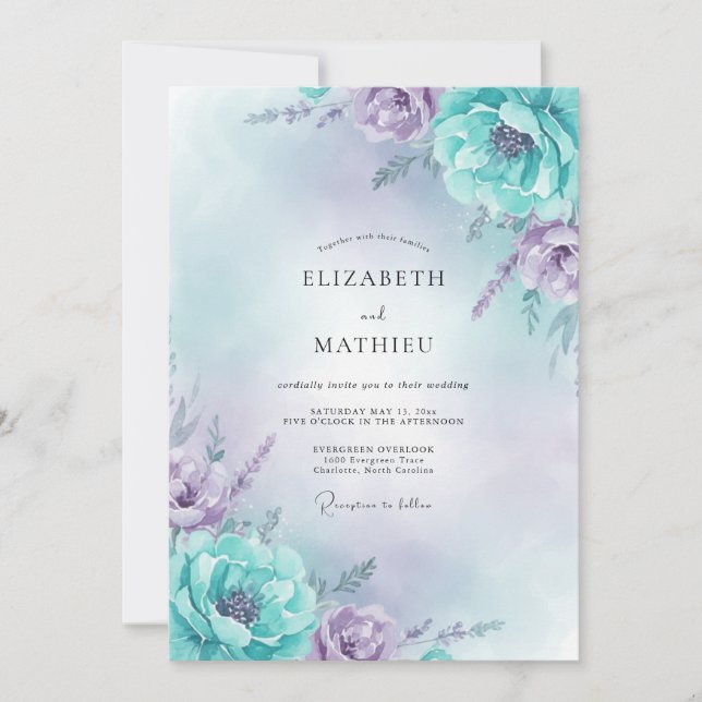 Invitation Mariage Améthyste Cyan Pivoine (Devant)