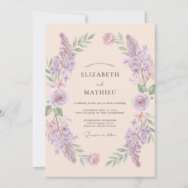 Invitation Mariage Améthyste Delphinium Champagne Eucalyptus (Devant)