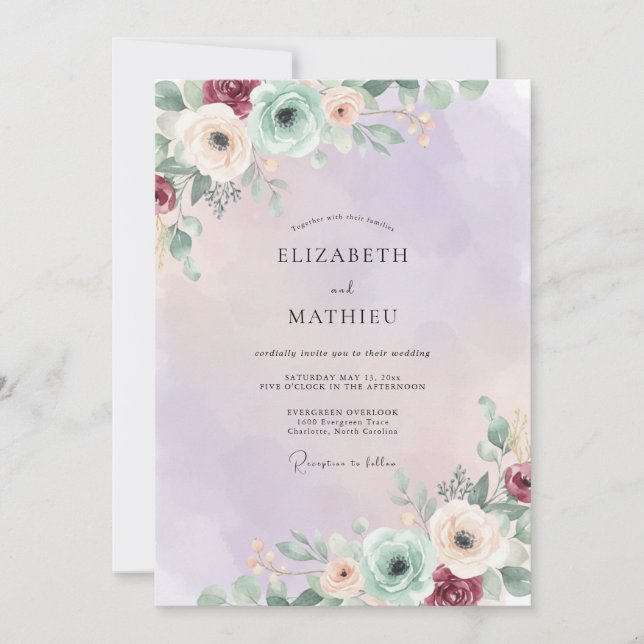 Invitation Mariage Améthyste Eucalyptus Ranunculus Mousse de  (Devant)