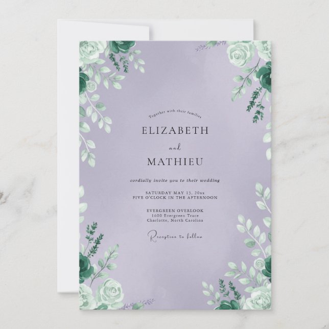 Invitation Mariage Améthyste Feuillage Eucalyptus Apaisé (Devant)