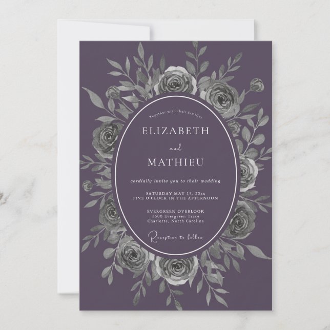 Invitation Mariage Améthyste Feuilles d'Argent (Devant)