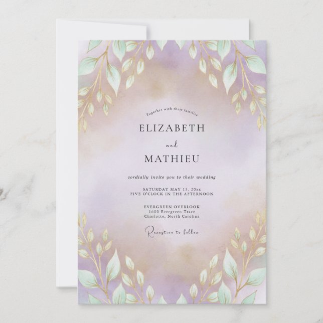 Invitation Mariage Améthyste Feuilles d'Or (Devant)