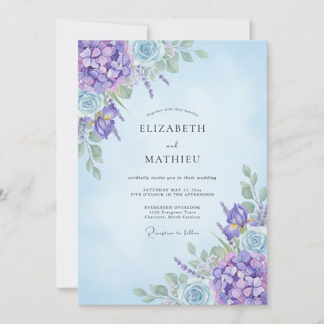 Invitation Mariage Améthyste Hydrangea Bleuet Eucalyptus (Devant)