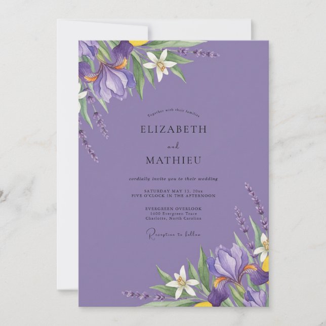 Invitation Mariage Améthyste Iris Feuillage Eucalyptus (Devant)