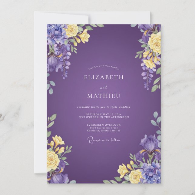 Invitation Mariage Améthyste Jaune Feuillage Gris Eucalyptus (Devant)