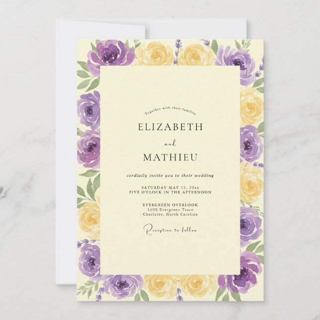 Invitation Mariage Améthyste Jaune Renoncule Eucalyptus (Devant)
