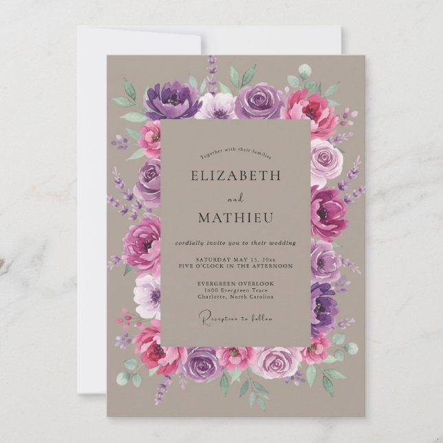 Invitation Mariage Améthyste Magenta Pivoine (Devant)